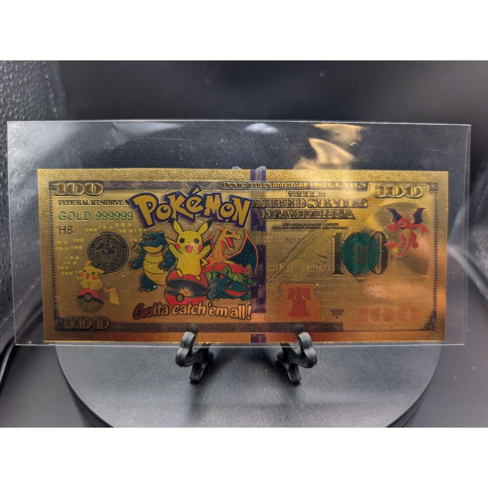 Gold Plated Pokemon $100 Bill Novelty Banknote Pikachu Charizard Blastoise